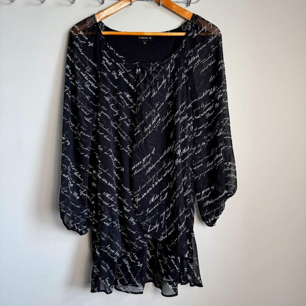 Tamara H women's Script Print Layered Semi-Sheer 3/4 Sleeve Blouse Black 3X